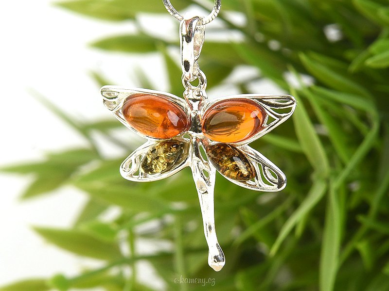 Silver pendant in the shape of a dragonfly with amber Ag 925/1000