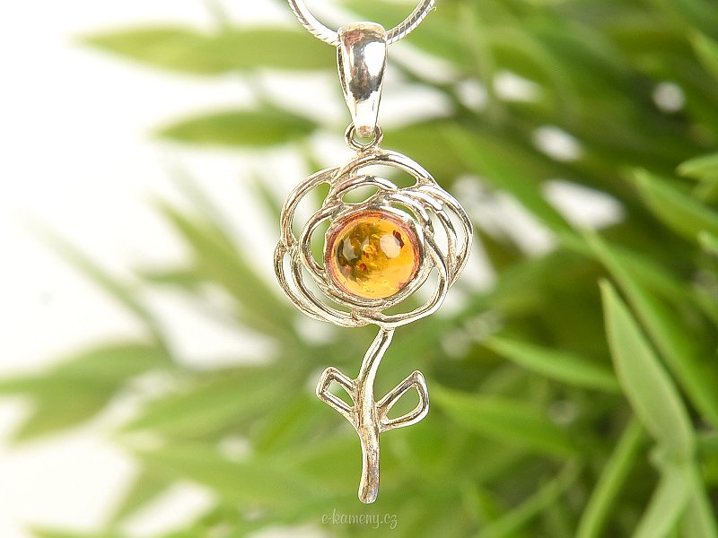 Silver rose pendant with amber Ag 925/1000