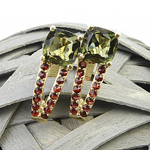 Cut moldavite earrings with garnets Au 585/1000 5.72g