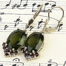 Longer earrings with oval vltavina and garnets Ag 925/1000 + Rh