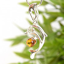 Silver pendant with a dolphin motif with amber Ag 925/1000