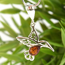 Silver pendant with amber in the shape of a hummingbird Ag 925/1000
