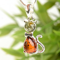 Silver cat-shaped amber pendant Ag 925/1000