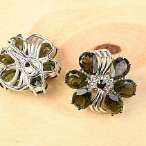 Flower earrings Moldavit garnet + Ag + RH 925/1000