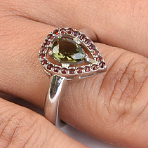 Ring with moldavite and Ag 925/1000 garnets