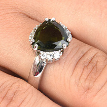 Ring with moldavite and zircons Ag 925/1000 + rhodium