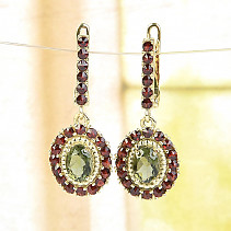 Earrings with moldavite and golden garnet earrings Au 585/1000 6.38g
