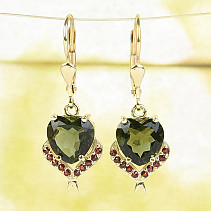 Gold earrings with moldavite and heart garnets gold Au 585/1000 4.54g
