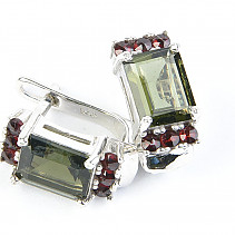 Rectangular moldavite earrings and Ag 925/1000 + RH garnets