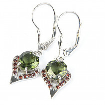 Heart earrings of moldavite and garnets Ag 925/1000 + RH