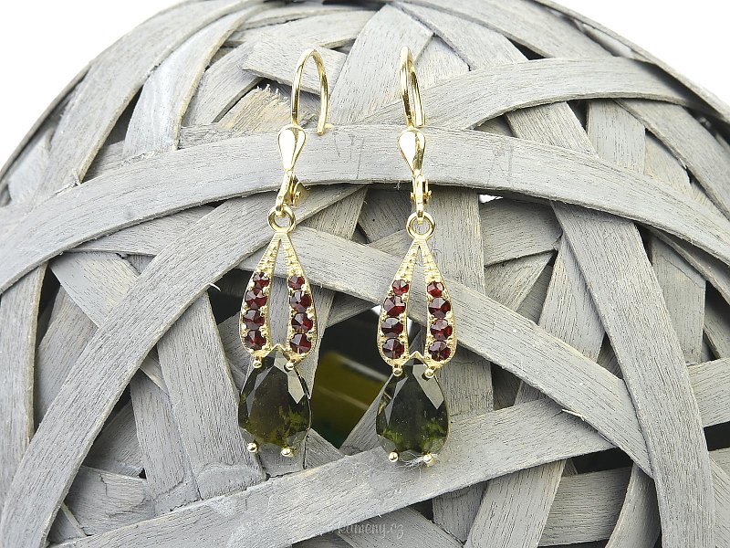 Moldavite earrings and garnets gold Au 585/1000 3.79g