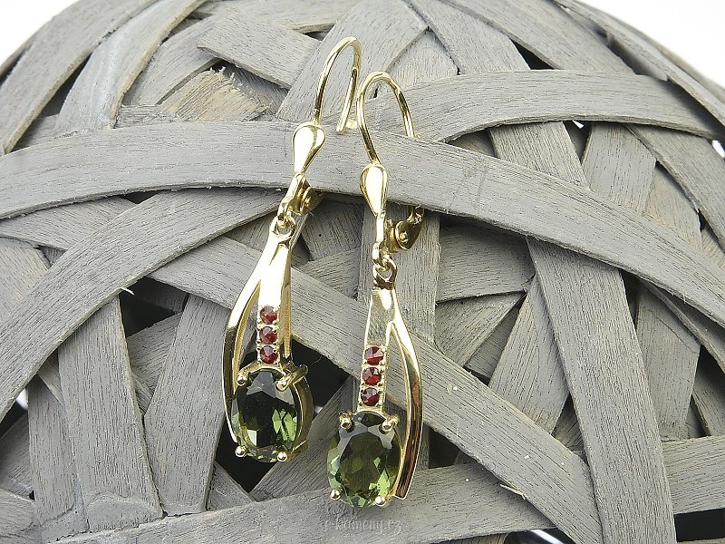 Moldavite earrings + garnets gold Au 585/1000 14K 4.48g