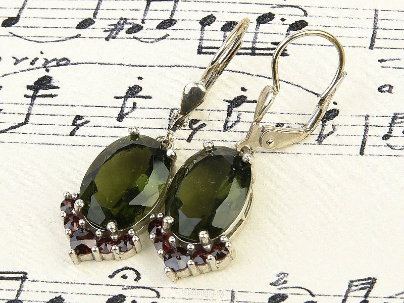 Longer earrings with oval vltavina and garnets Ag 925/1000 + Rh