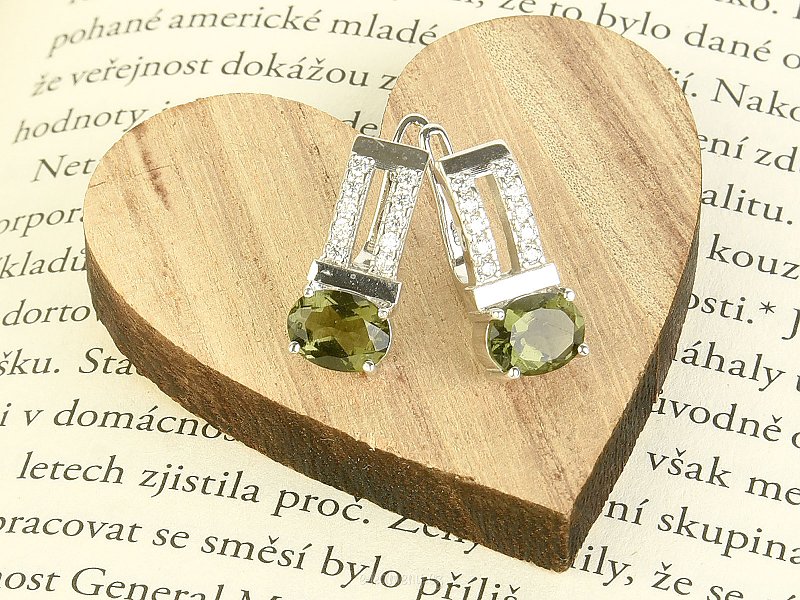 Cut oval-shaped vltavine with zircons in the design of women's earrings Ag 925/1000 + Rh