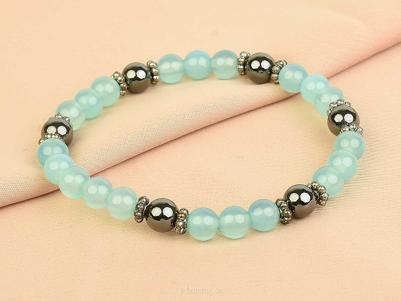 Smooth beads of blue jadeite and hematite