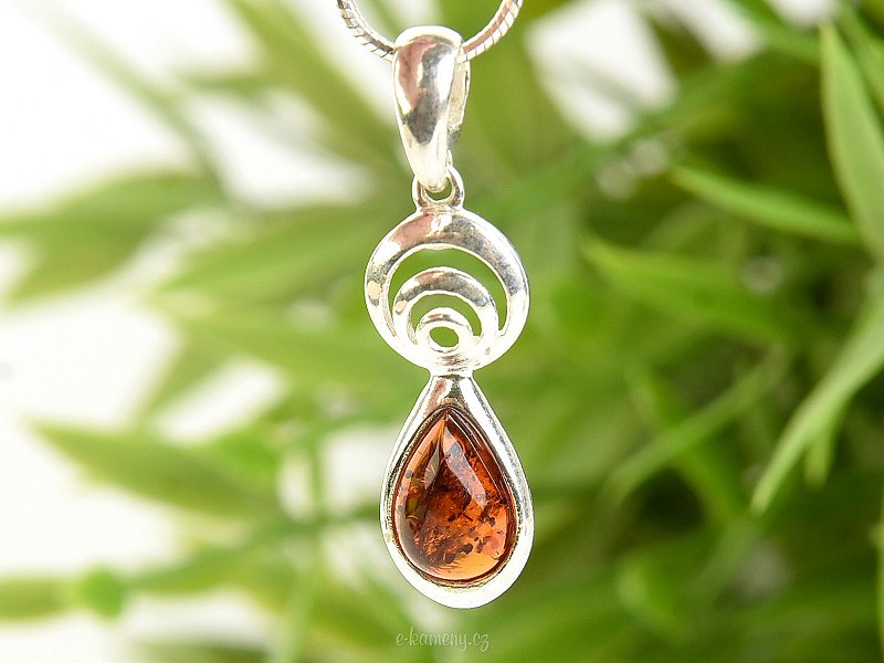 Amber drop shaped silver spiral pendant