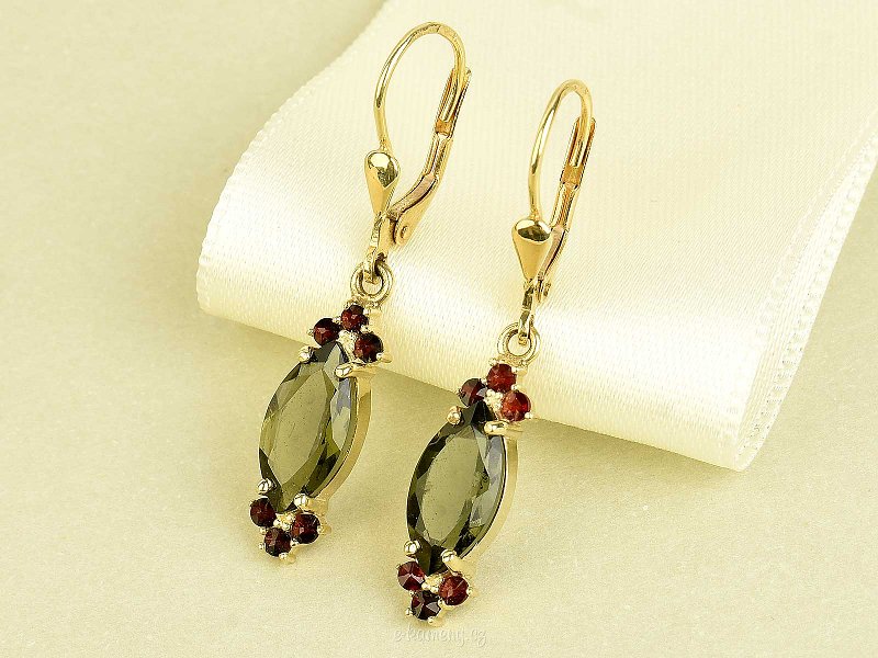 Gold earrings with vltavine and garnets 4.16g Au 585/1000 14 carats