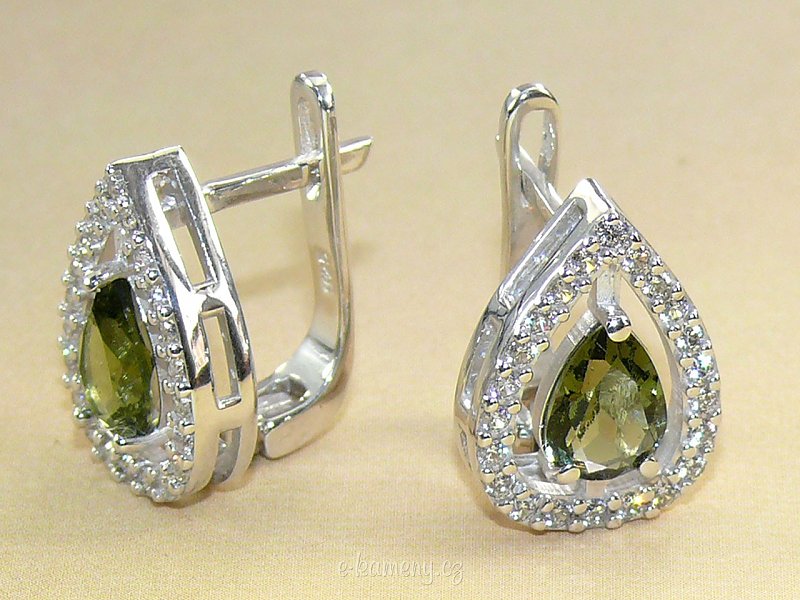 Cut moldavite earrings with cubic zirconia drops 4.5 g Ag 925/1000