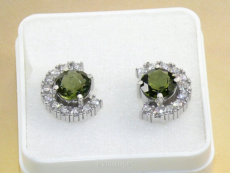 Earrings with zircon and cut moldavites 7 mm Ag 925/1000