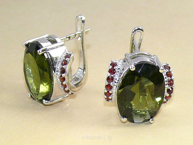 Moldavite earrings with cubic zirconia oval 15 mm x 14 mm Ag 925/1000