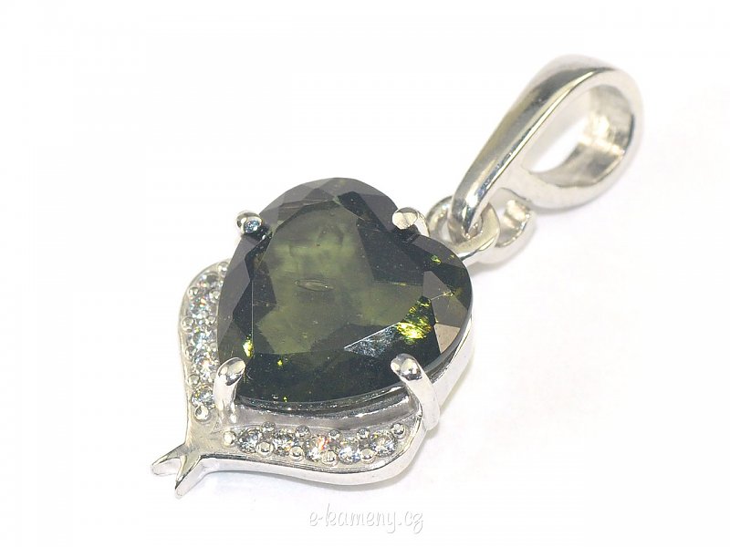 Moldavite pendant with heart cut cubic zirconia with Ag 925/1000