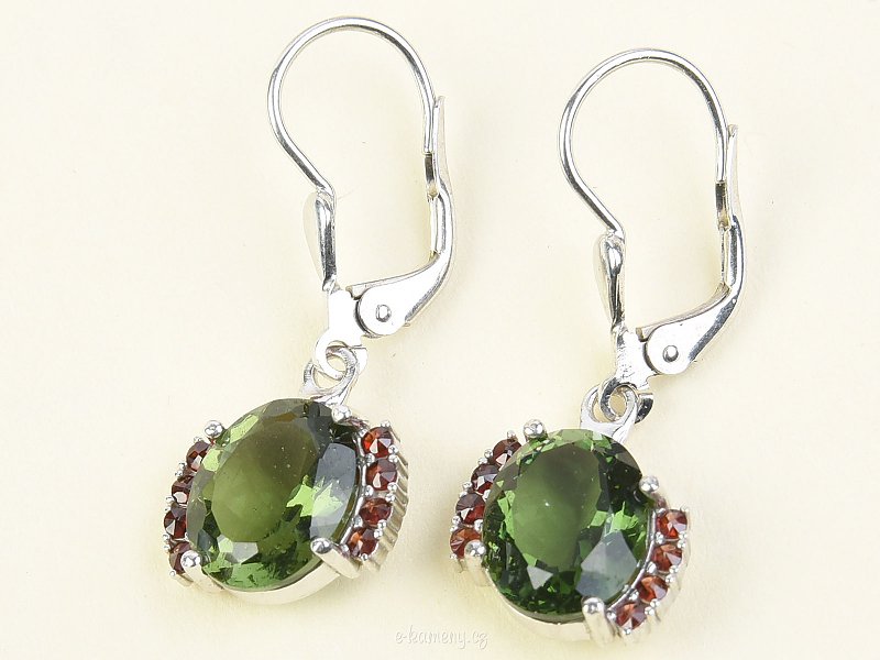 Oval earrings moldavites and grenades Ag 925/1000