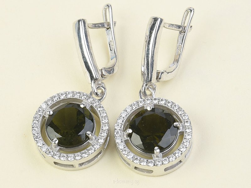 Round earrings with cubic zirconia and moldavites 925/1000 Ag + Rh