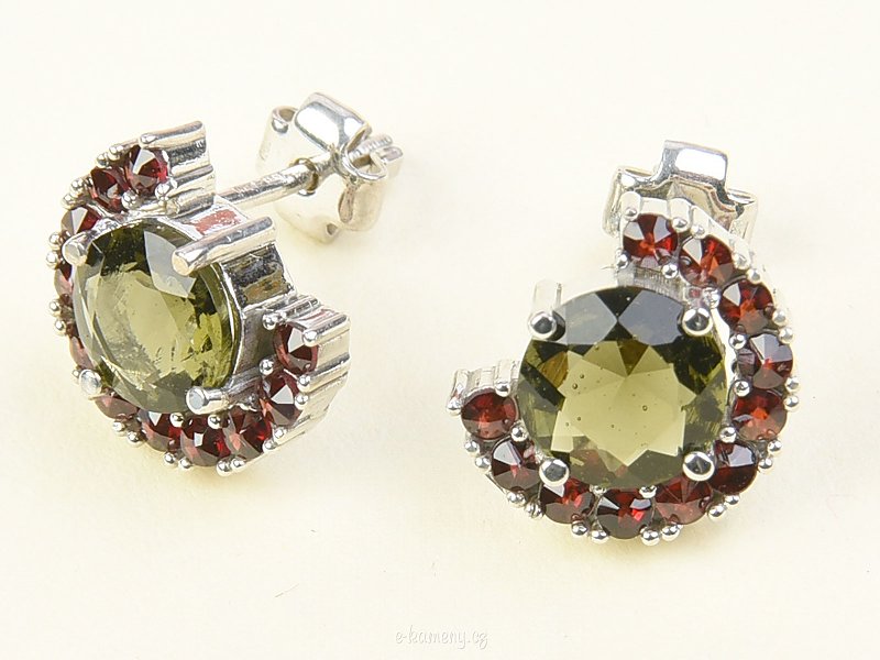 Women earrings moldavite and garnets 925/1000 Ag + Rh