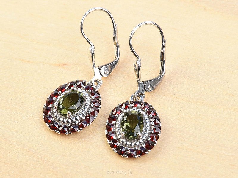 Oval earrings Moldavit cut and grenades 925/1000 Ag + Rh