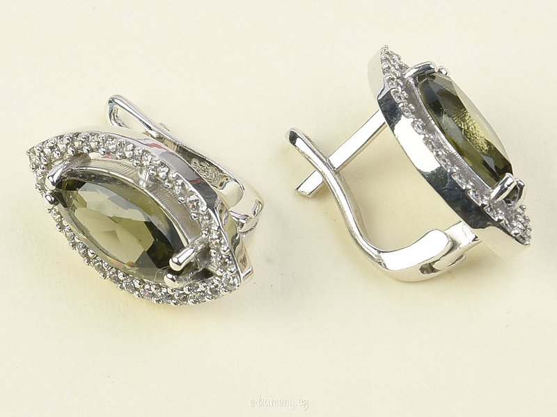 Closing Moldavit cut earrings with cubic zirconia 925/1000 Ag + Rh