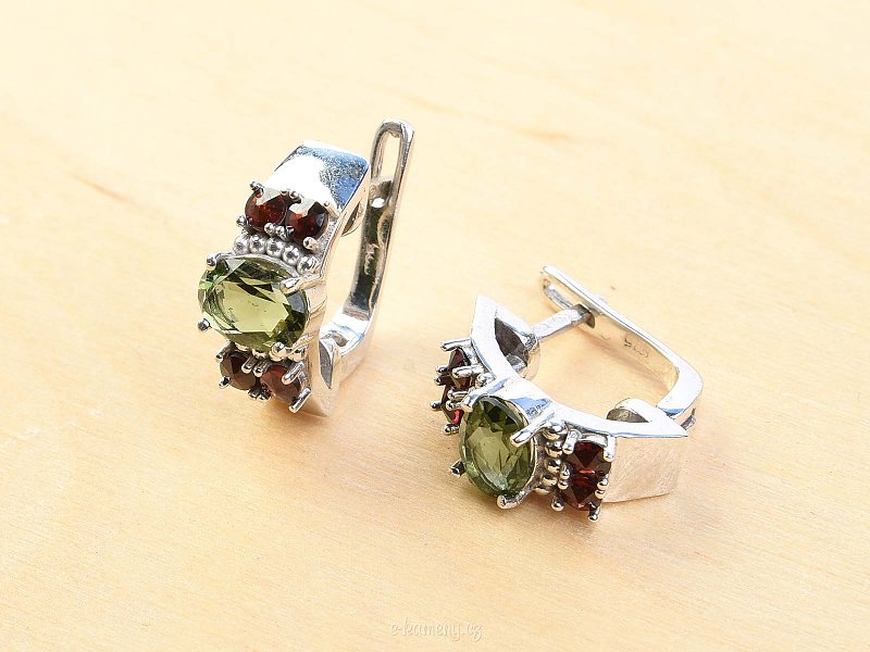 Moldavites earrings with garnets Ag 925/1000 Rh