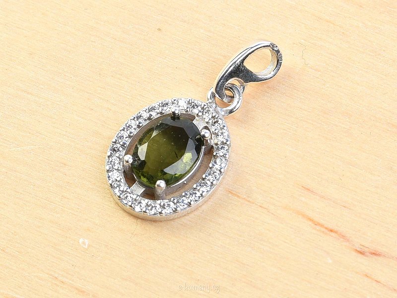 8x6mm oval pendant moldavite and zircons Ag 925/1000 Rh