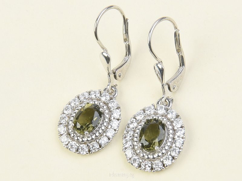 Oval earrings with cubic zirconia moldavites 925/1000 Ag + Rh