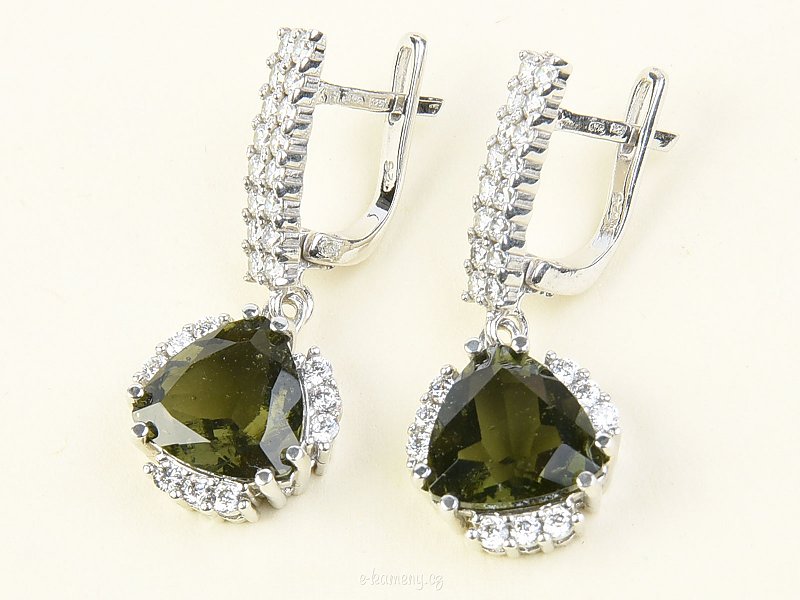 Longer earrings Moldavite 10 mm and zircons 925/1000 Ag + Rh
