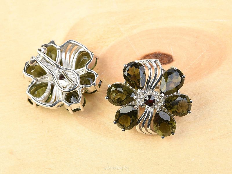 Květ náušnice vltavín + granát stříbro Ag 925/1000 + RH