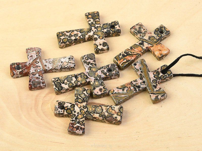 Jasper leopard pendant in the shape of a cross + black leather