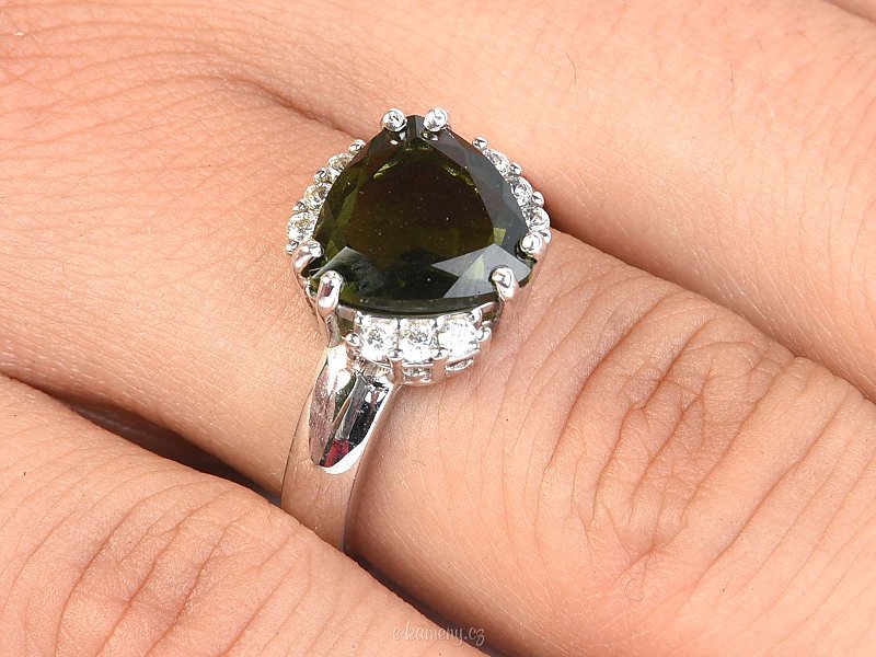Prsten s vltavínem a zirkony Ag 925/1000 + rhodium