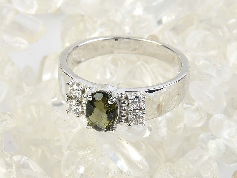 Oválný prsten vltavín a zirkony Ag 925/1000 + Rh