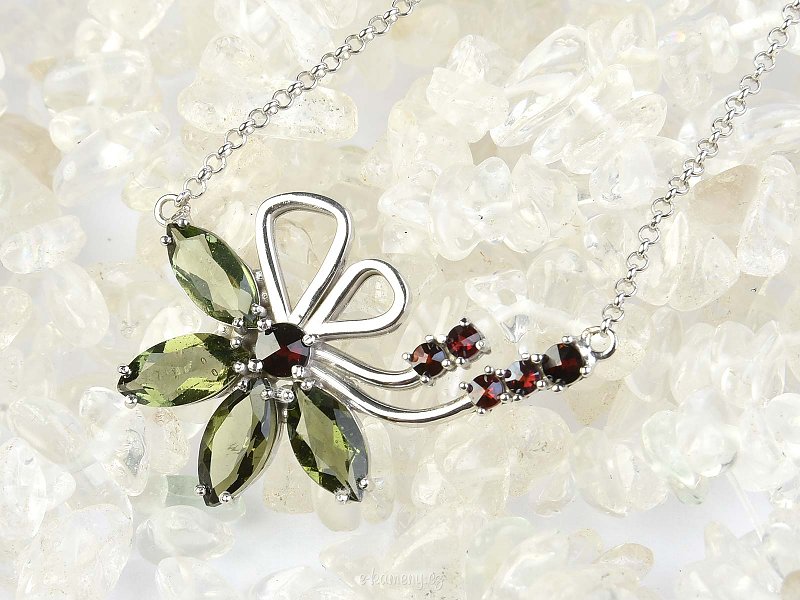 Necklace flower with moldavites and garnets Ag 925/1000 + Rh