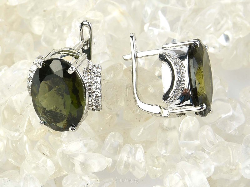 Earrings with moldavite and zircons 14x10mm Ag 925/1000 + Rh