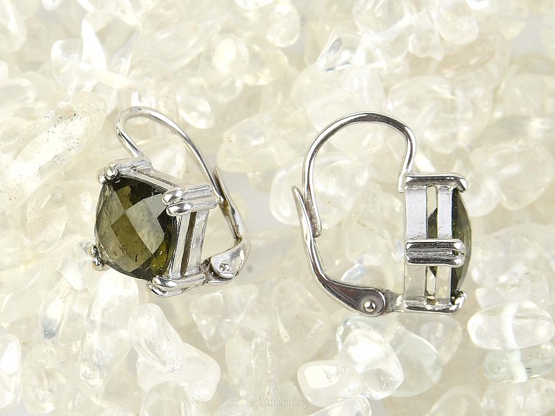 Earrings of moldavite checker top Ag 925/1000 + Rh
