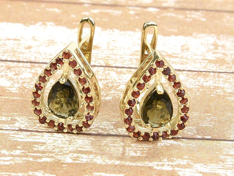 Gold earrings of moldavite + garnet Au 585/1000 5.12g