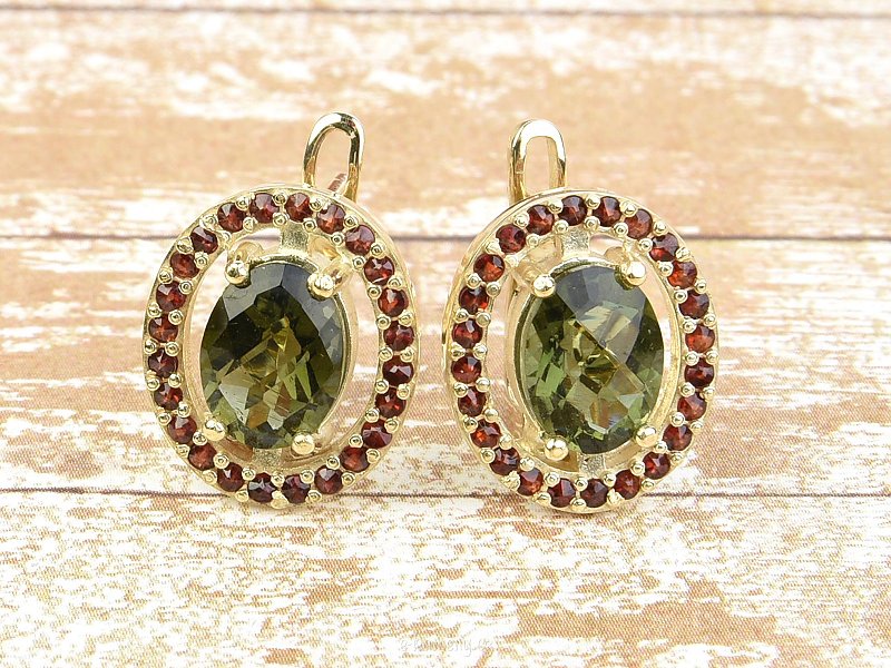 Gold earrings moldavite + garnets Au 585/1000 5.76g