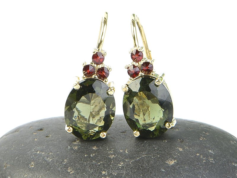 Gold earrings moldavite with garnets  Au 585/1000 3,86g