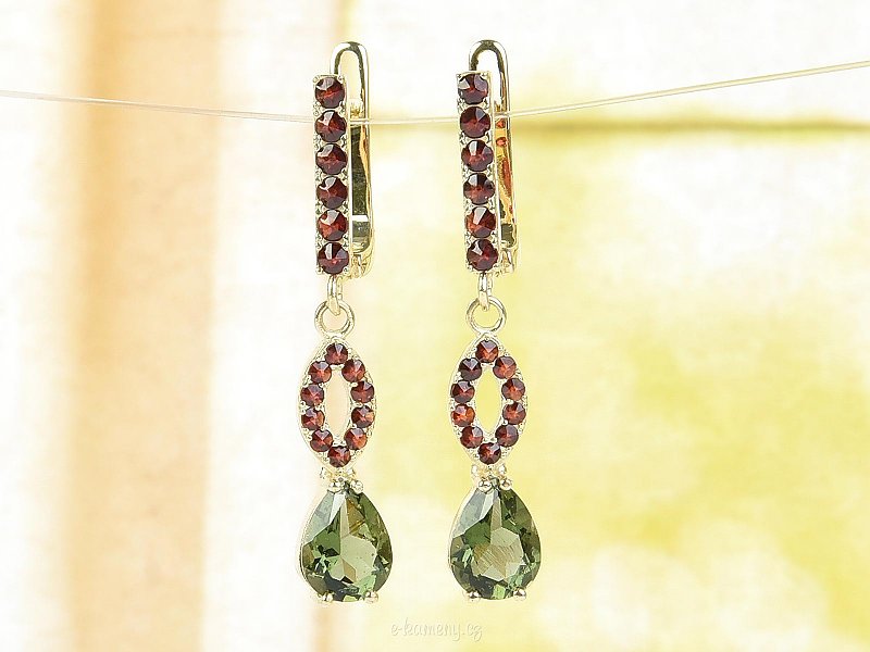 Earrings moldavite and gold garnets Au 585/1000 4.97g