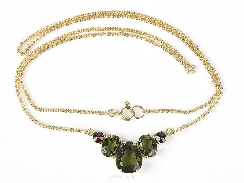 Gold necklace of moldavite and garnets 50cm Au 585/1000 14K 7.71g
