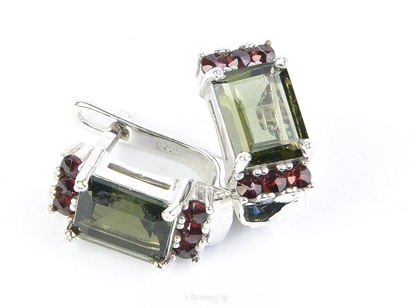 Rectangular moldavite earrings and Ag 925/1000 + RH garnets