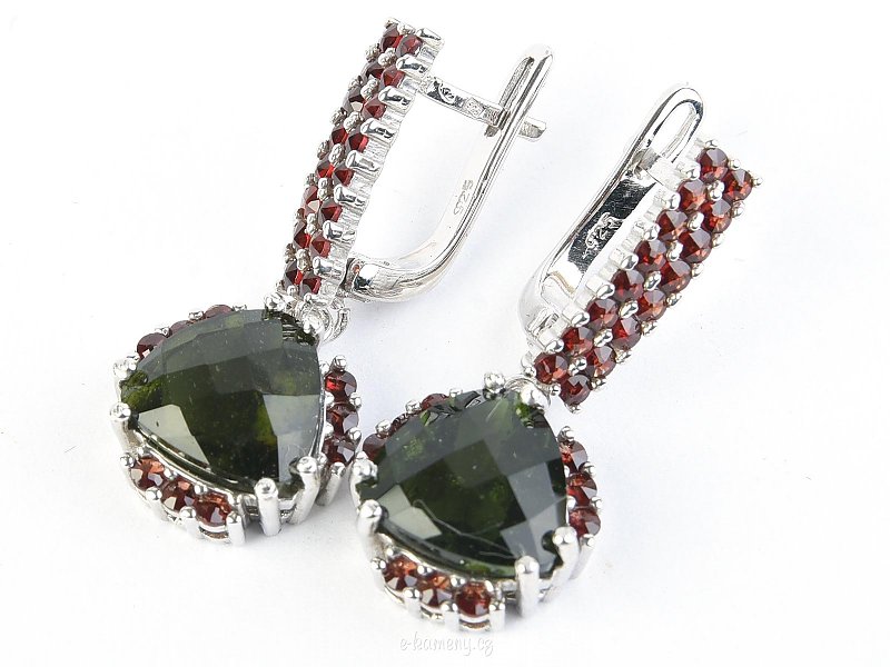 Silver moldavite earrings + Ag 925/1000 + RH garnets