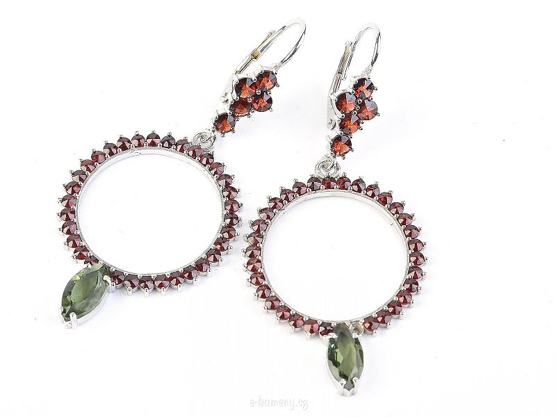 Earrings of moldavite and garnet rings Ag 925/1000 + RH