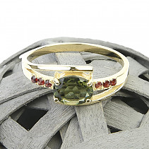 Gold ring with moldavite and garnets Au 585/1000 3.35g EU size 61